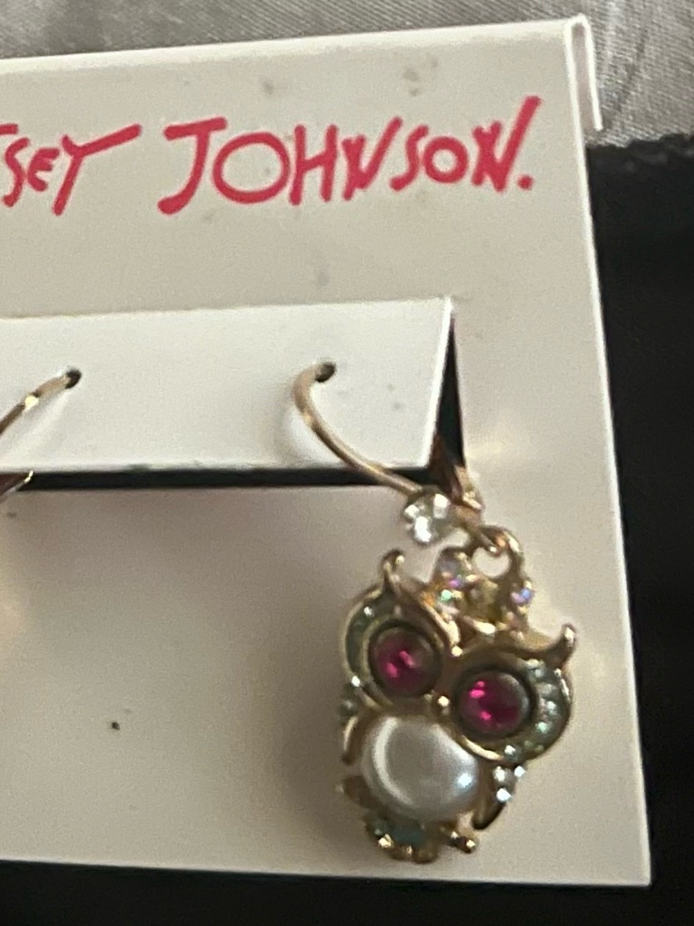 Betsey Johnson Gold Owl Earrings with Pink and White Accents